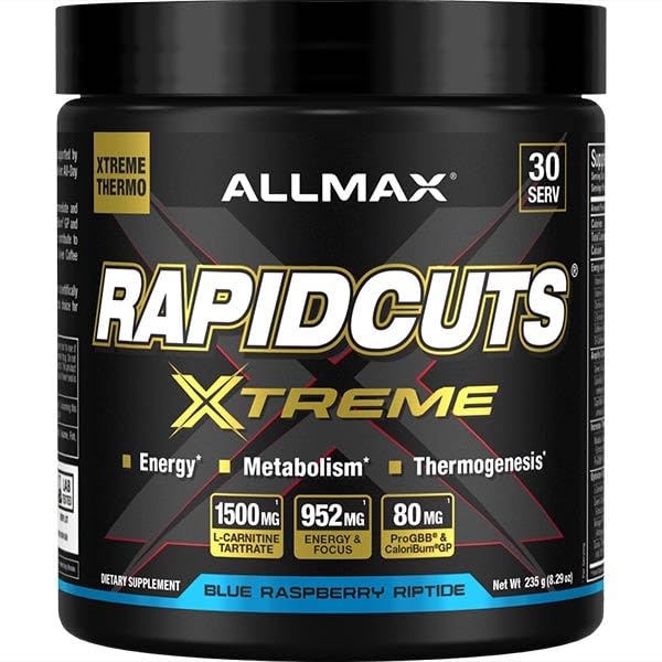 ALLMAX Rapidcuts Xtreme blue raspberry tub for high-energy workouts.