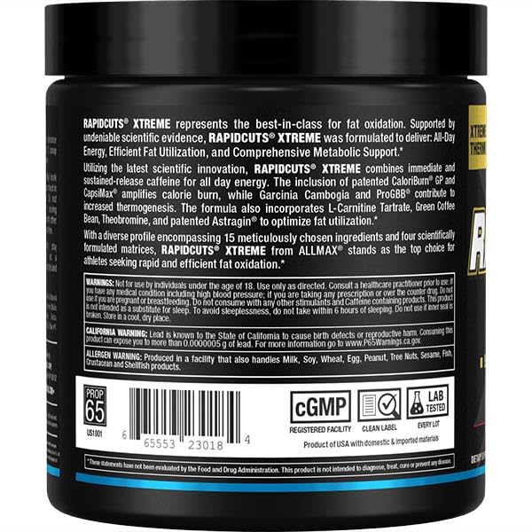 ALLMAX Rapidcuts Xtreme label closeup with ingredient highlights for workouts.