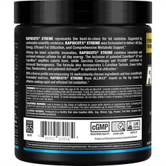 ALLMAX Rapidcuts Xtreme label closeup with ingredient highlights for workouts.