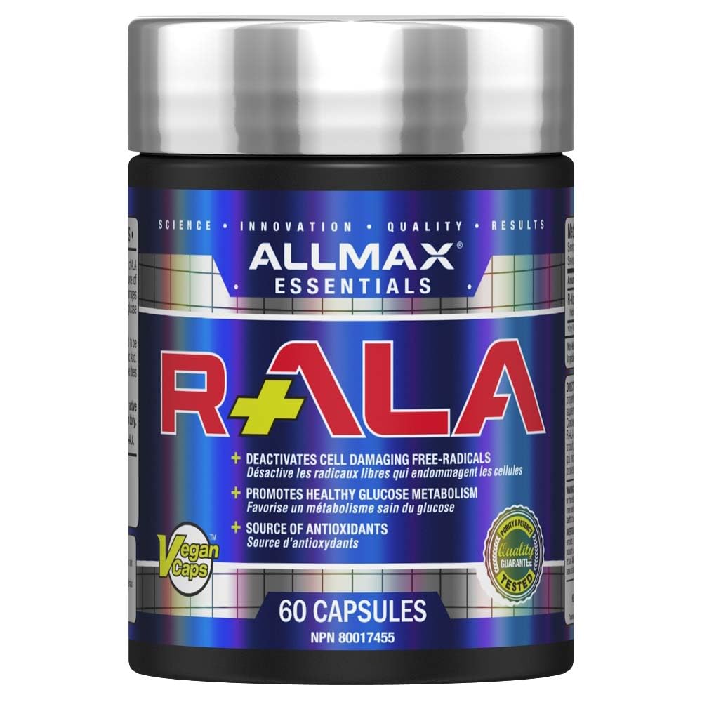 AllMax R+ALA bottle and capsules highlighting nutrient delivery support for workouts.