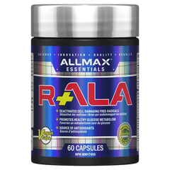 AllMax R+ALA bottle and capsules highlighting nutrient delivery support for workouts.