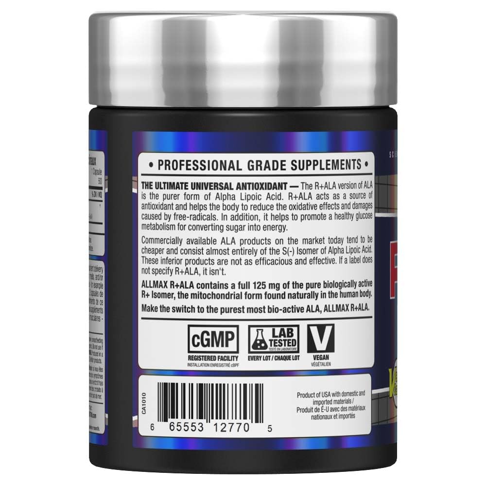 AllMax R+ALA capsules close-up showing high-purity ALA for energy support.