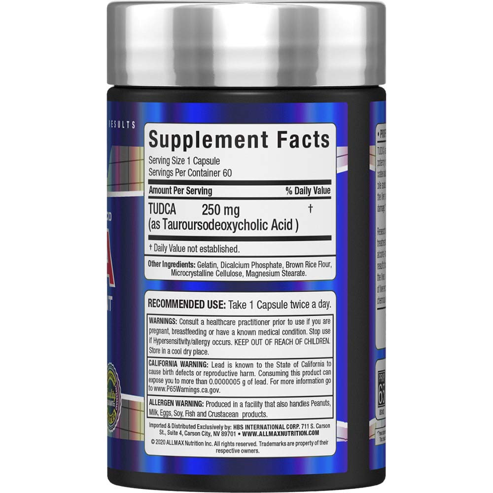 ALLMAX TUDCA+ capsules close-up highlights easy daily dosage.