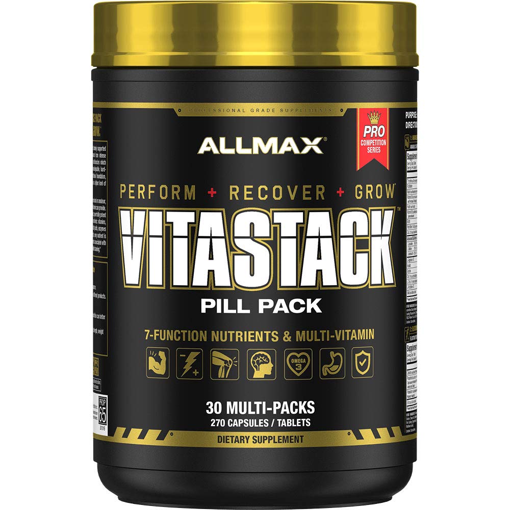 AllMax Vitastack bottle label displayed, emphasizing pharmaceutical-grade formulation for high-quality supplementation