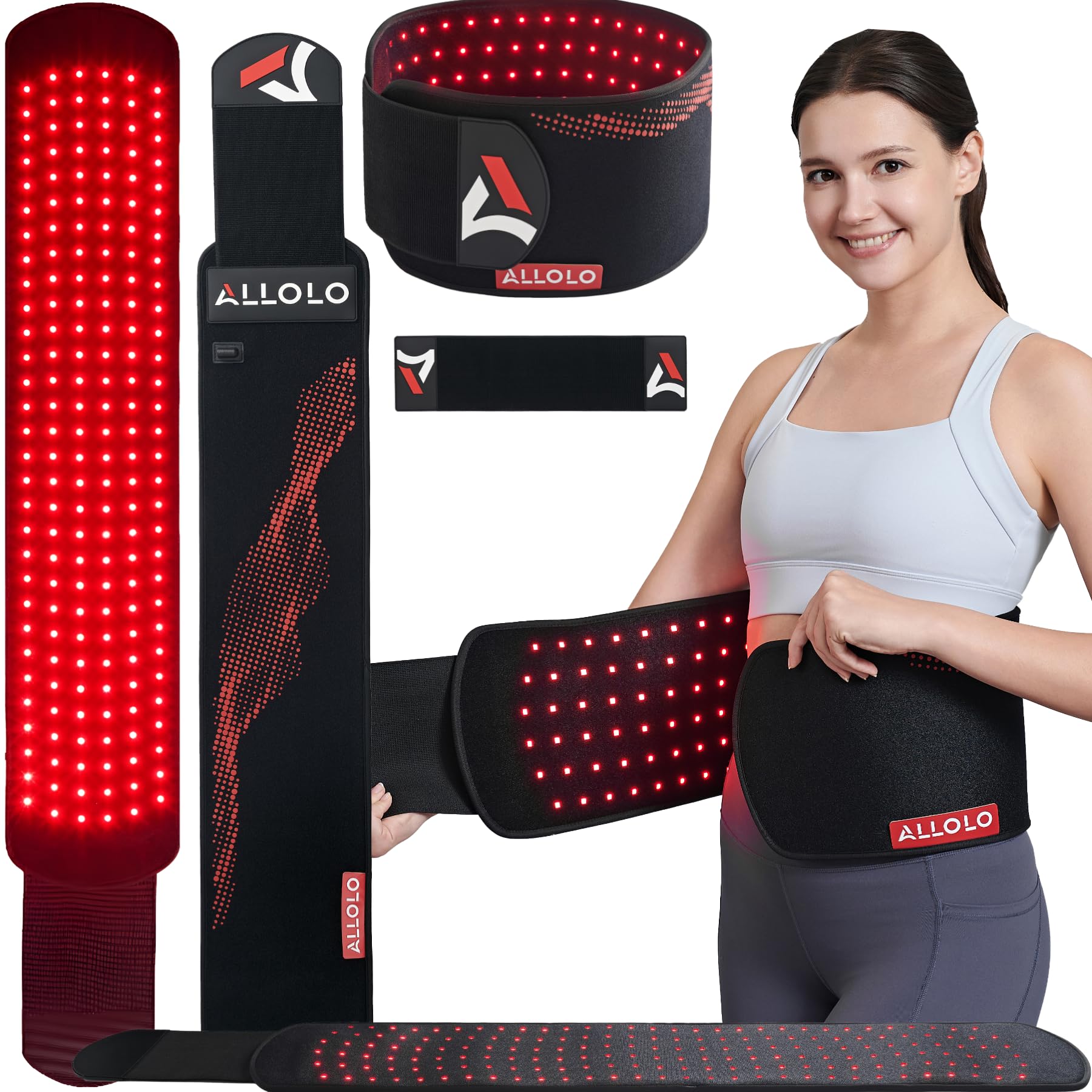 ALLOLO red light therapy belt front view shows wide coverage for the torso