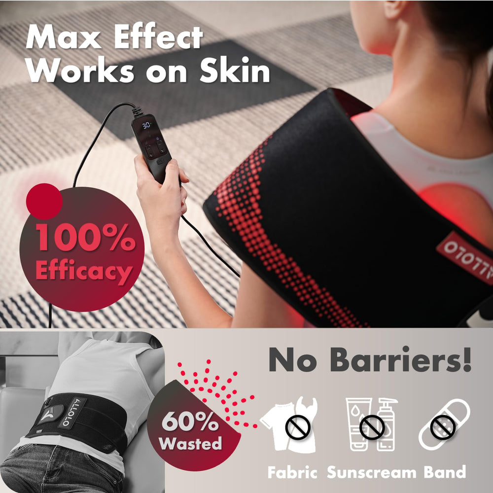 ALLOLO red light belt in-use back view for hands-free therapy at home