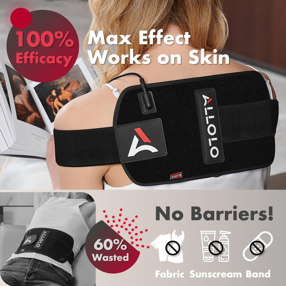 ALLOLO red light therapy belt worn at the waist for flexible positioning.