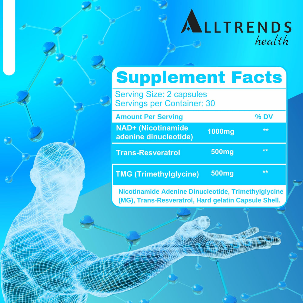AllTrends Health NAD bottle close-up showing essential ingredients for cell renewal.