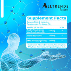 AllTrends Health NAD bottle close-up showing essential ingredients for cell renewal.