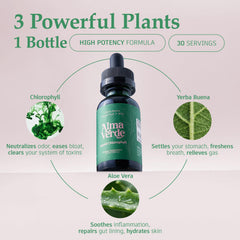 Alma Verde drops ingredients graphic highlighting aloe vera juice for soothing support.