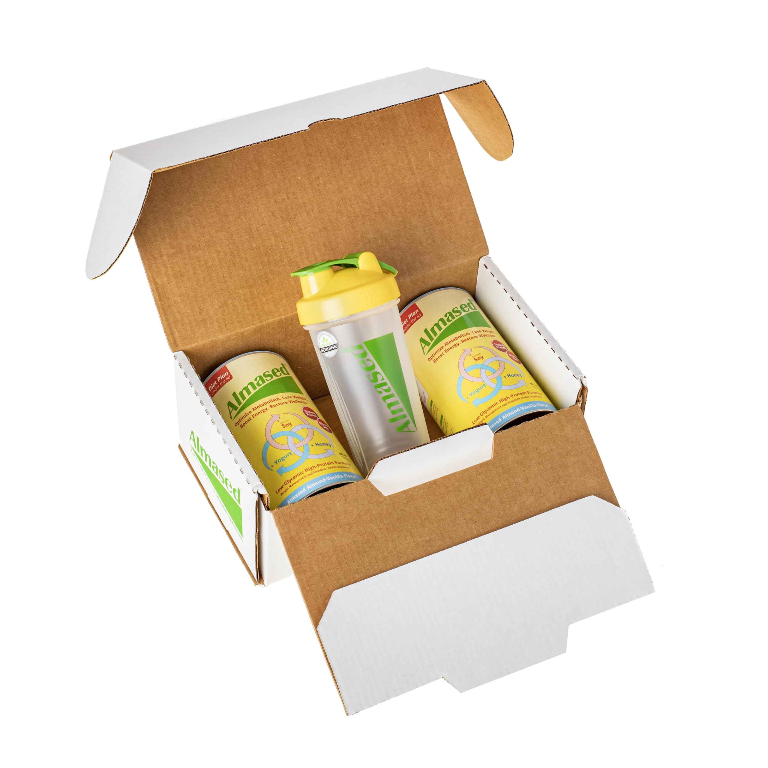 Almased packaging and label communicates ingredients and allergen-free promise.