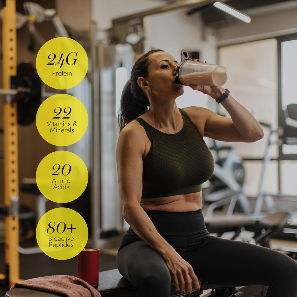 Almased powder being mixed with milk to show versatile blending.