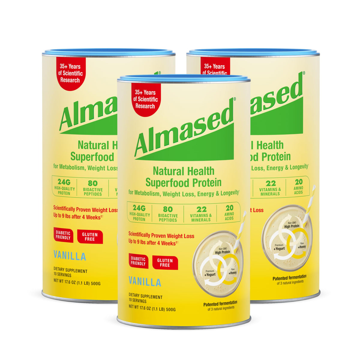 Almased Vanilla meal replacement powder in a jar for quick, balanced meals.