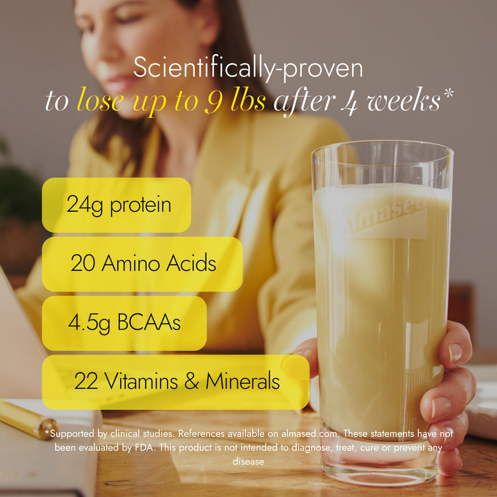 Almased Vanilla powder with measuring spoon for accurate portions.