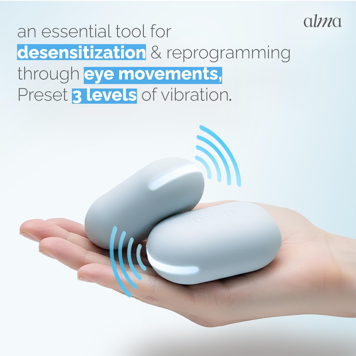 ALMAWAVE SENSE EMDR tappers shown as a compact handheld therapy device