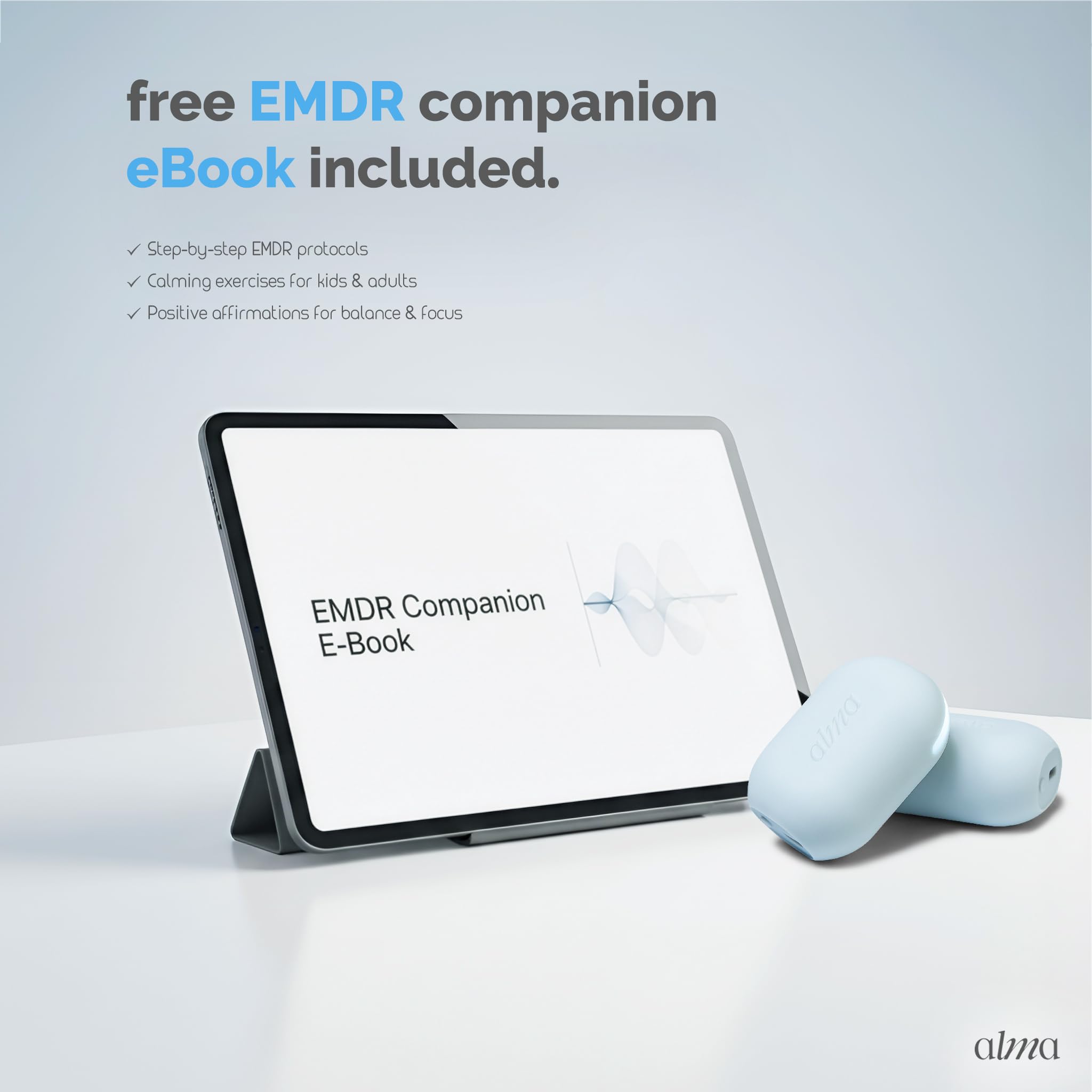ALMAWAVE SENSE EMDR tappers shown in portable, compact form for on-the-go practice