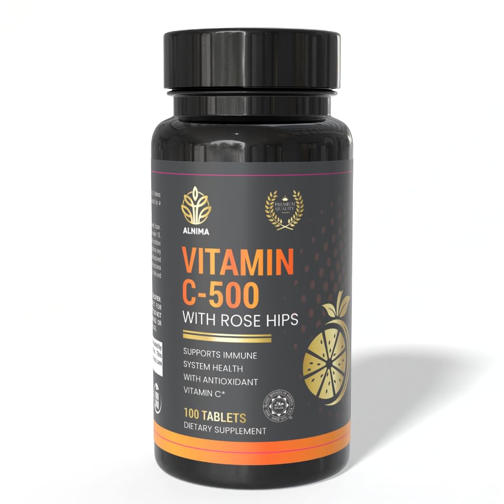 ALNIMA Halal Vitamin C bottle with rose hips supports immune health and antioxidant protection.