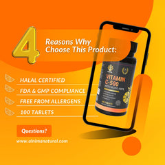 ALNIMA Halal Vitamin C capsules close-up shows glossy tablets and rose hips for absorption.