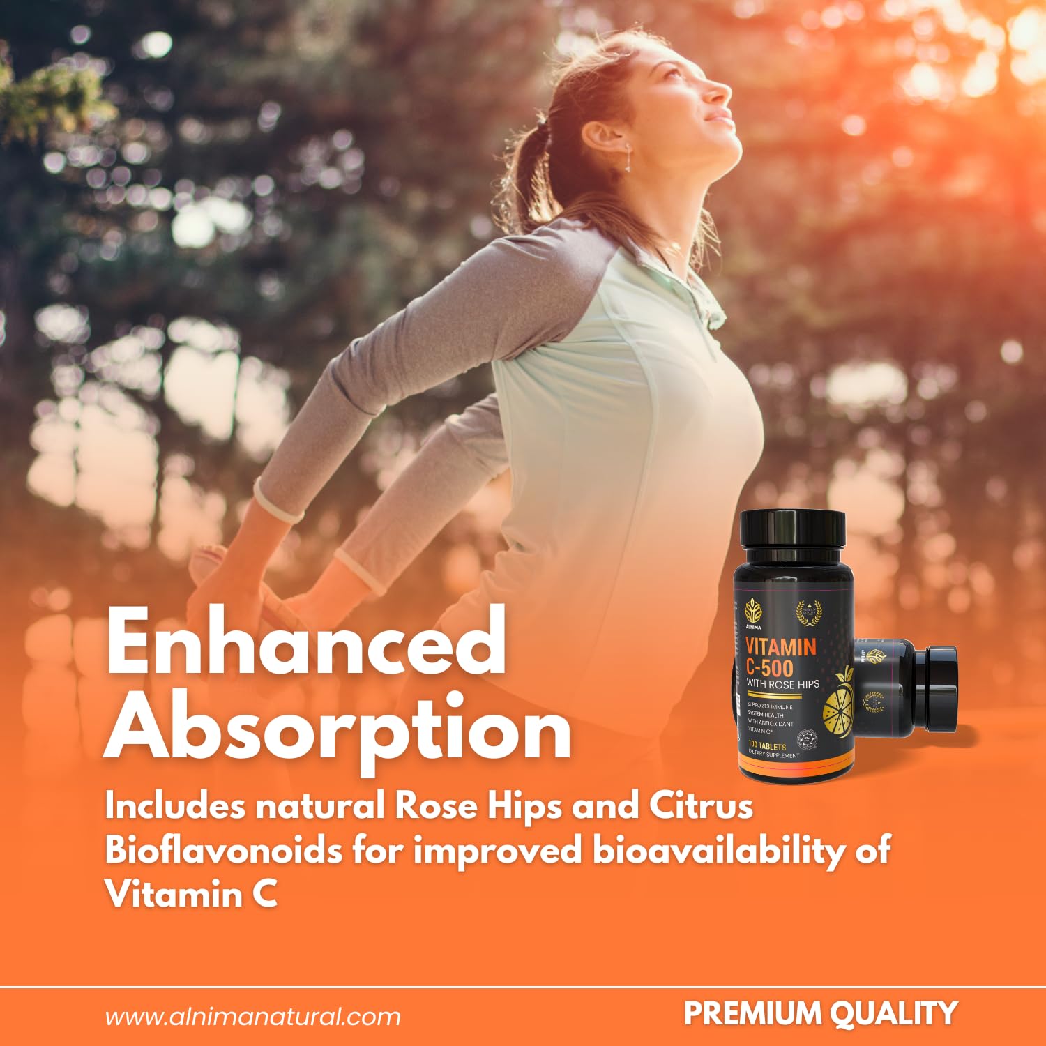 ALNIMA Vitamin C bottle close-up underscores skin health support and collagen-friendly nutrition.