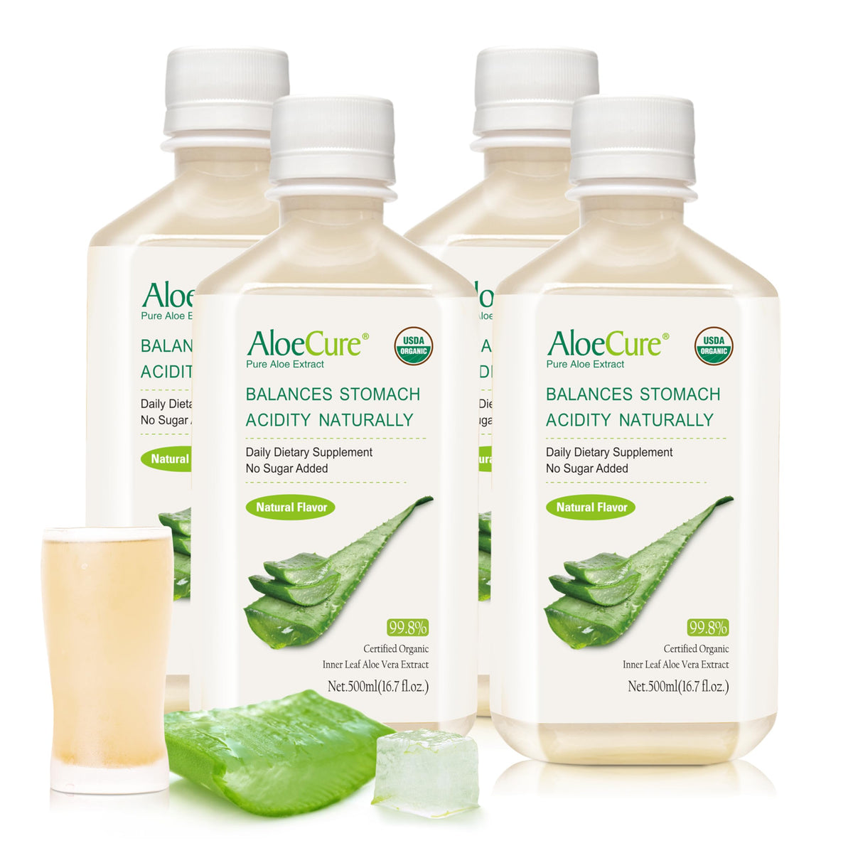 AloeCure bottles front showing the 4 x 500ml set for daily digestive wellness.