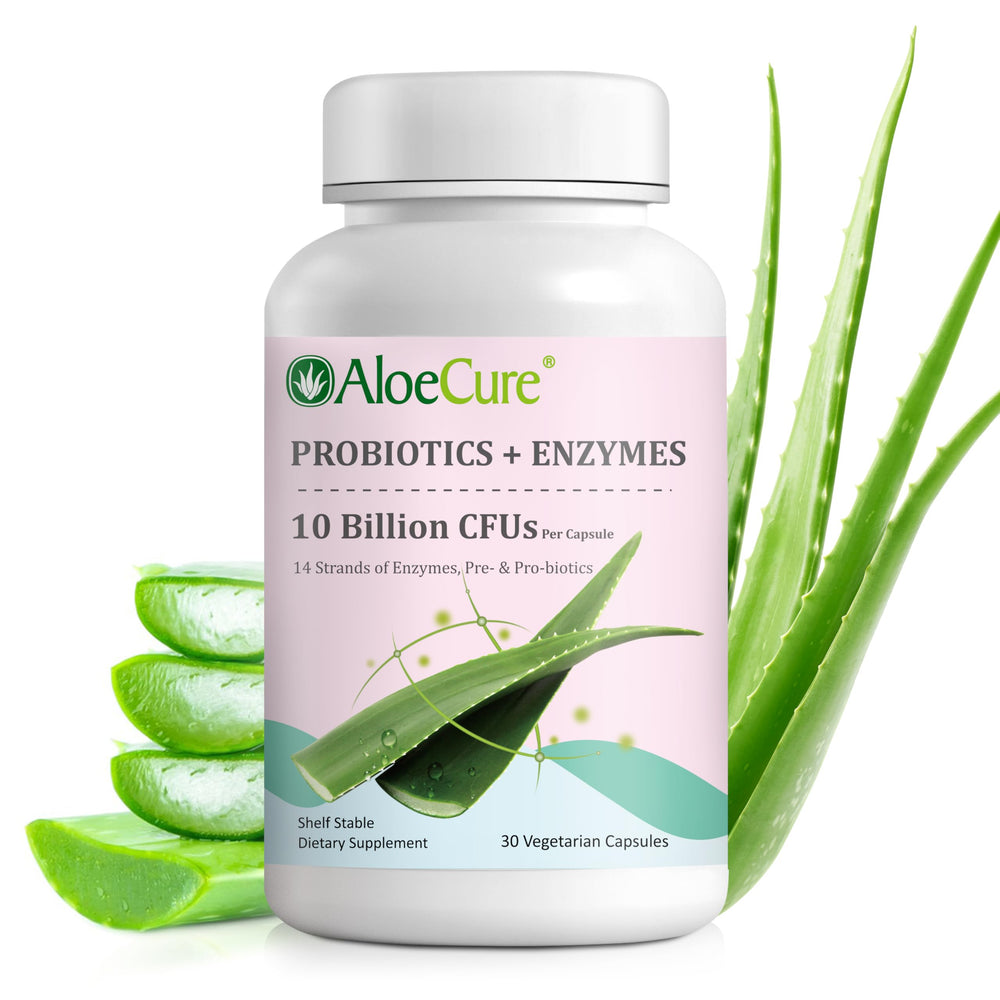 AloeCure Daily Probiotics bottle label highlights 8 strains for balanced gut support.