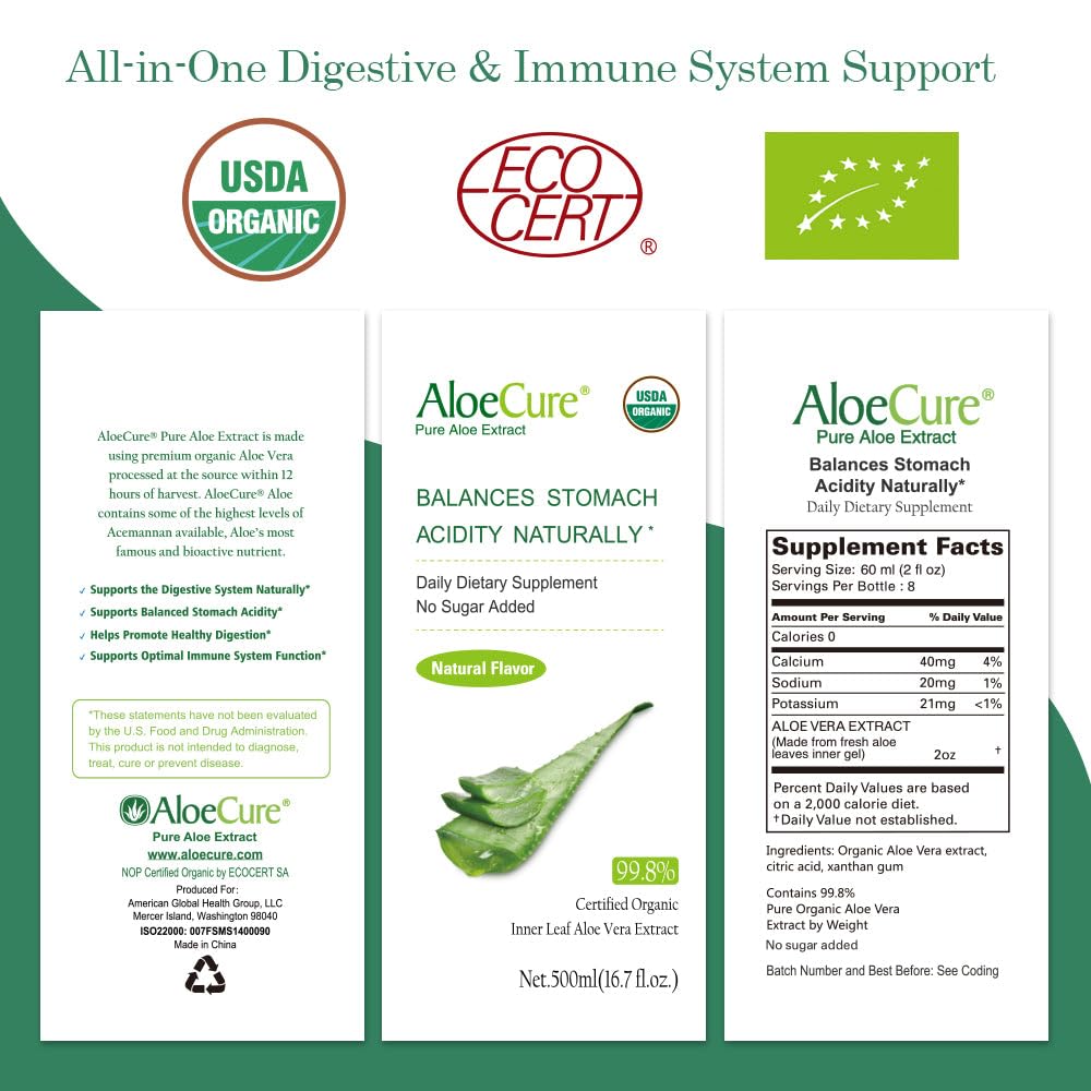 AloeCure packaging features gluten-free, vegan, keto, and paleo-friendly icons.