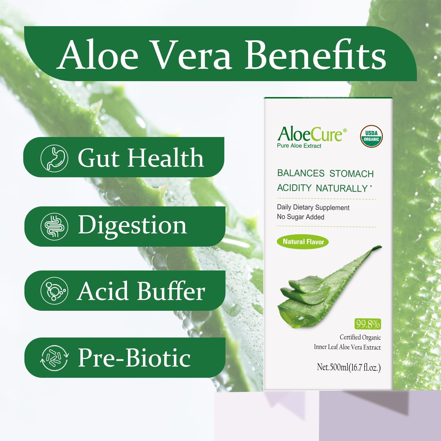 AloeCure label close-up highlighting organic certification and pure aloe content.