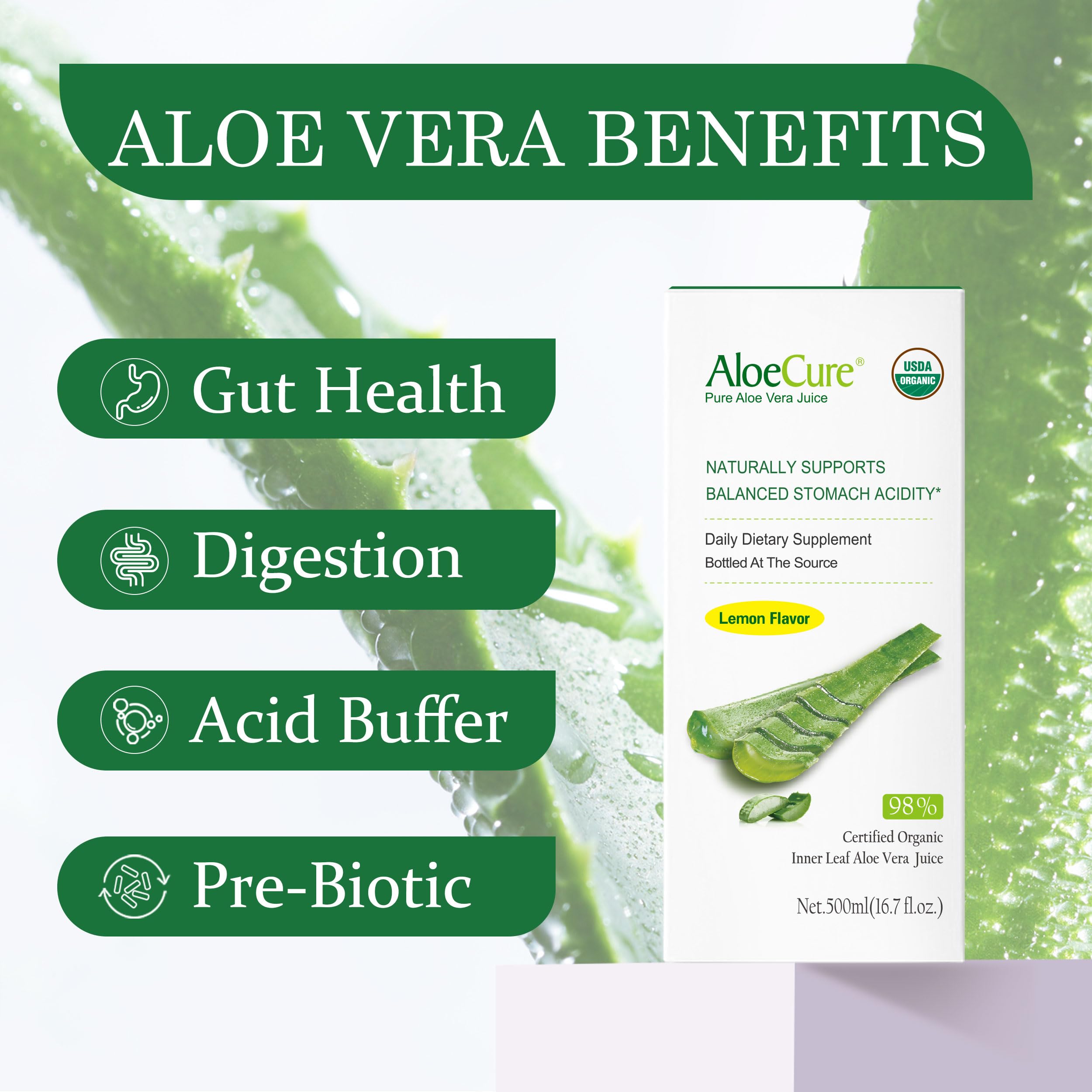 Aloecure lemon flavor bottle back label highlighting USDA organic certification.