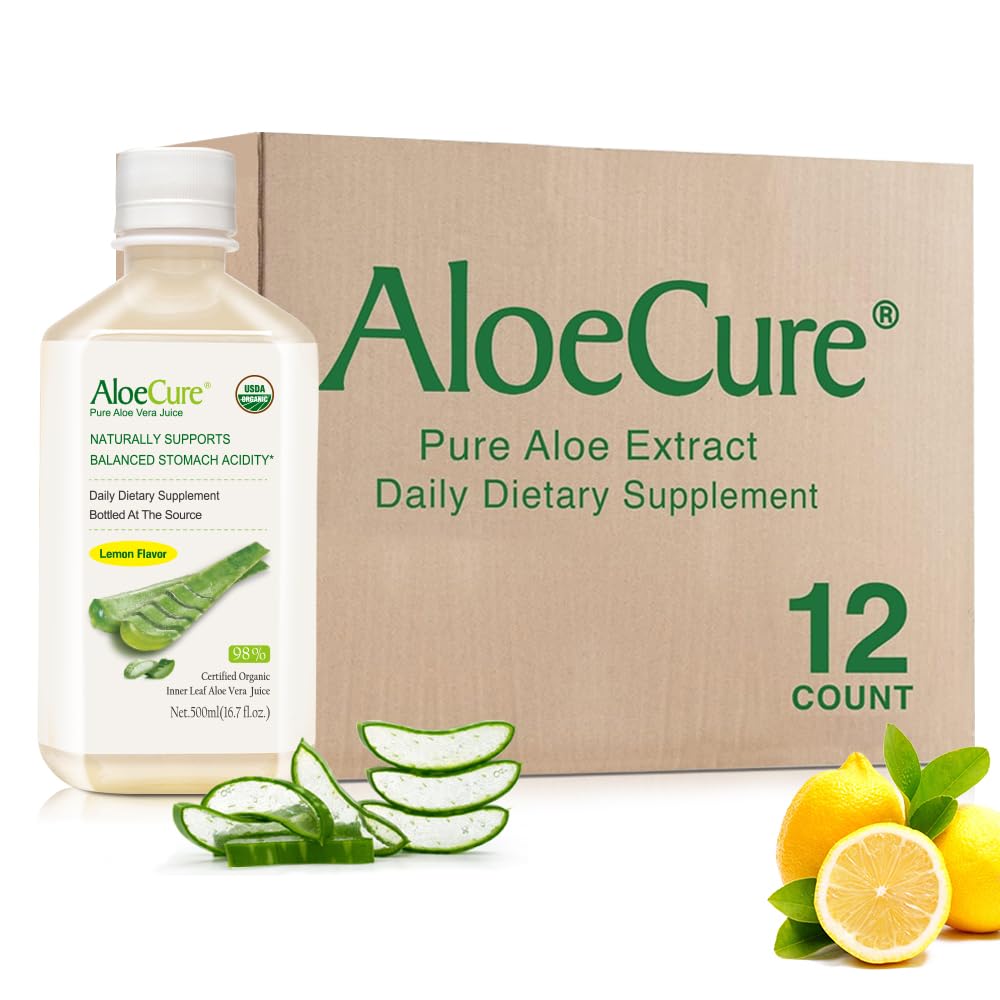 AloeCure lemon flavor bottle shows pure organic aloe with citrus note for daily use