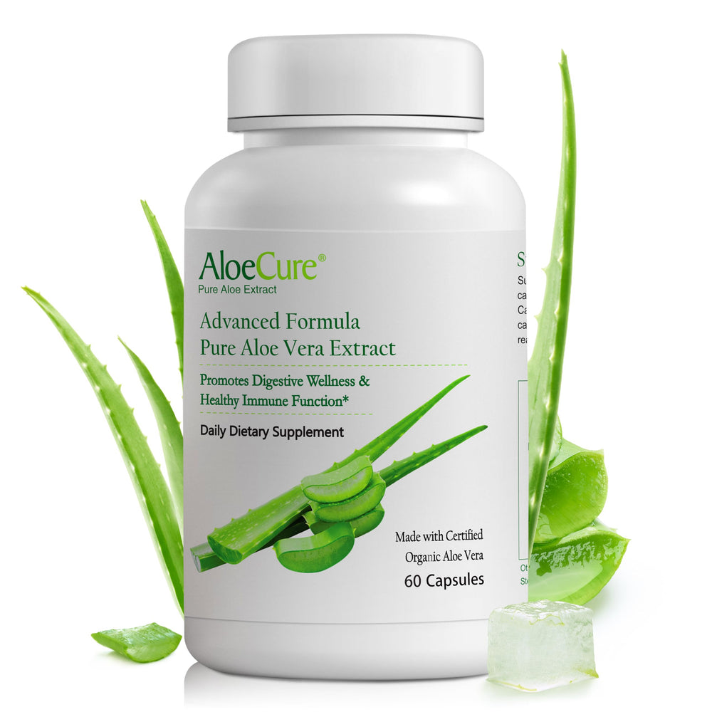 Aloecure Organic Aloe Vera Capsules bottle for daily digestive comfort.