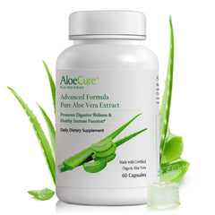 Aloecure Organic Aloe Vera Capsules bottle for daily digestive comfort.