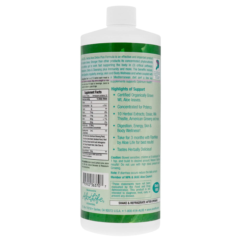 Close-up of the Aloe Life Detox Plus label highlighting the detox blend.