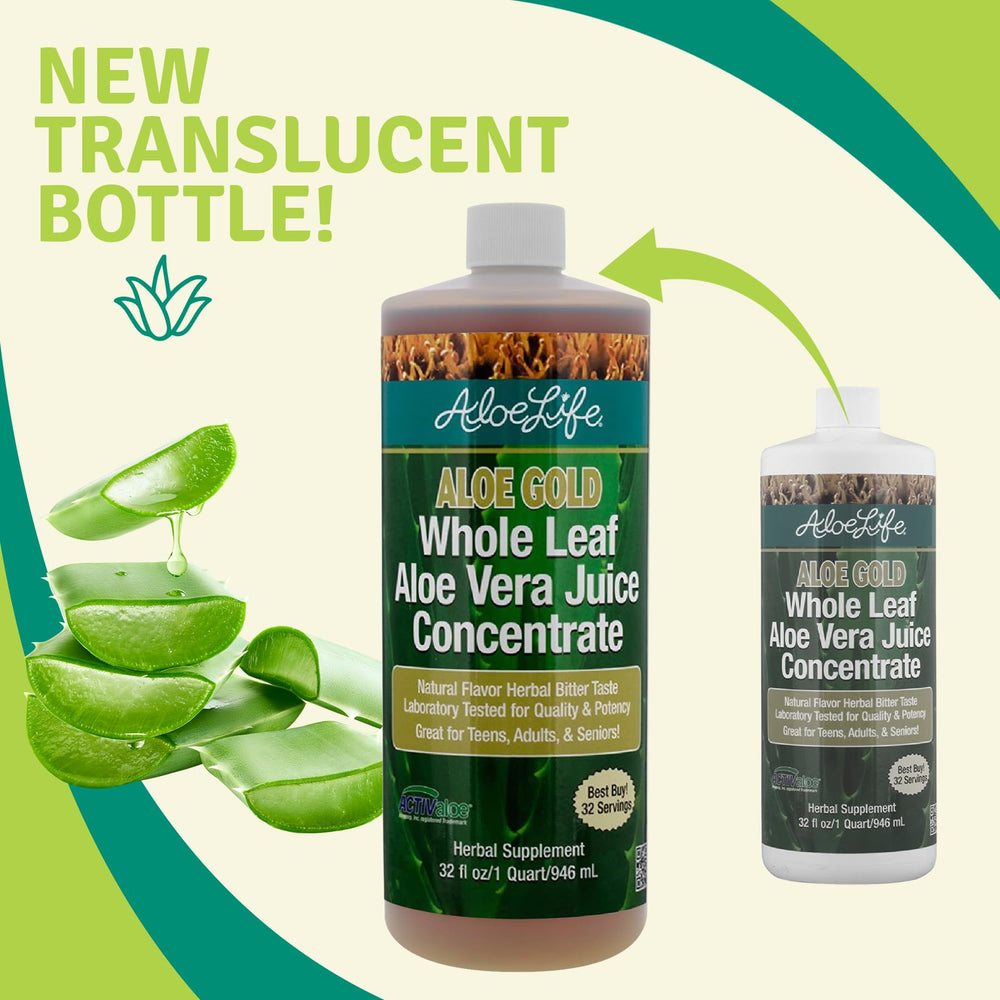 Aloe Life juice bottle close-up, showcasing gluten-free formulation and purity.