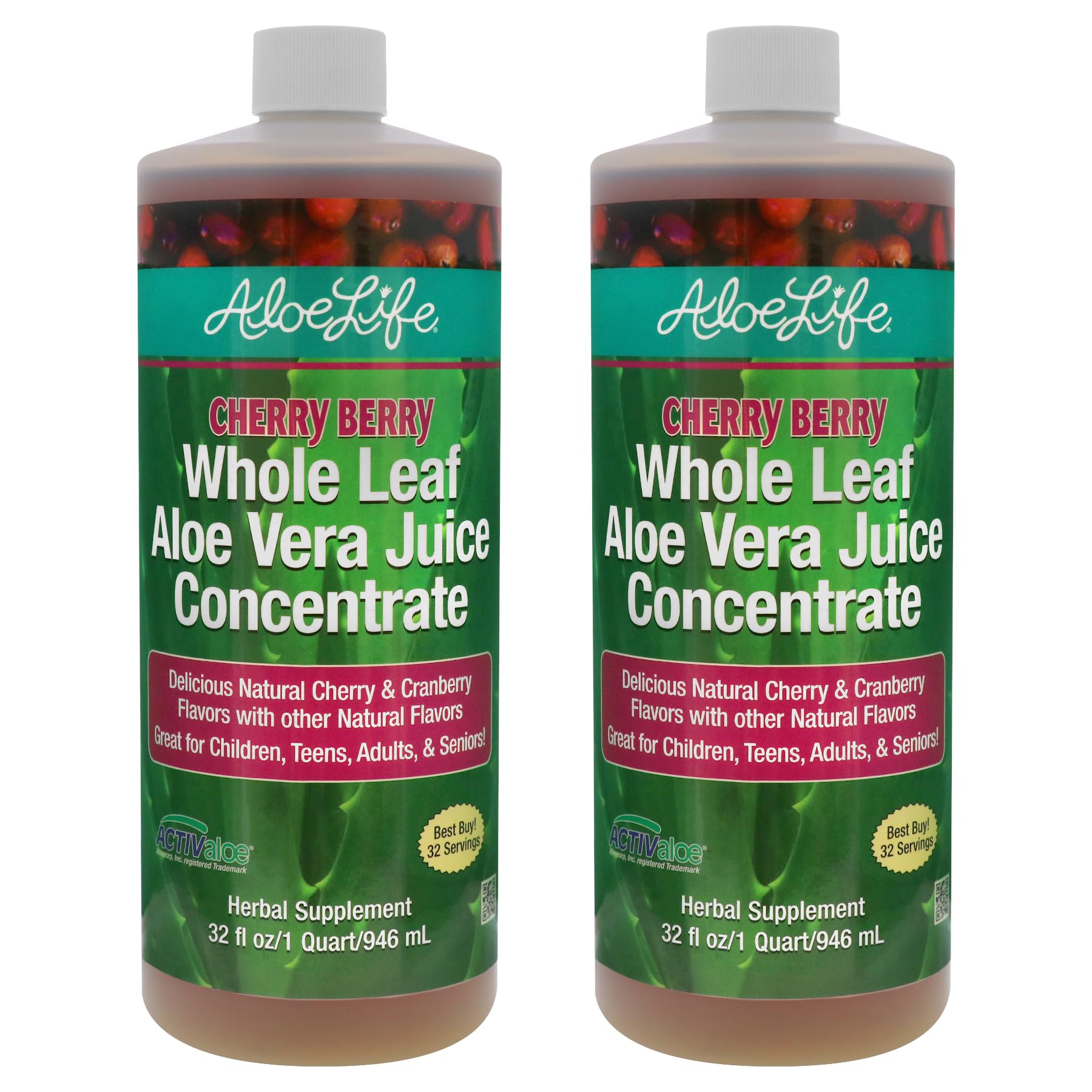 Aloe Life whole leaf juice bottle 32oz Cherry Berry for daily hydration.