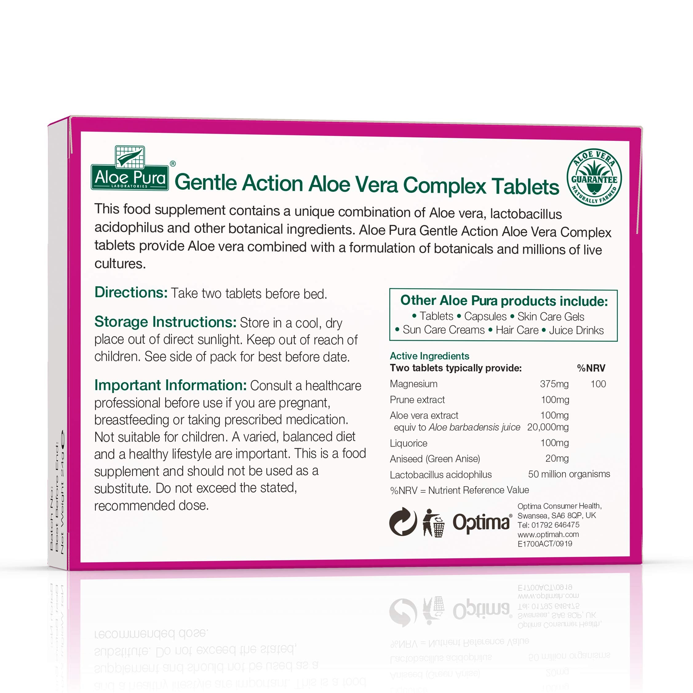 Aloe Pura Colax bottle close-up shows organic aloe and probiotic blend.