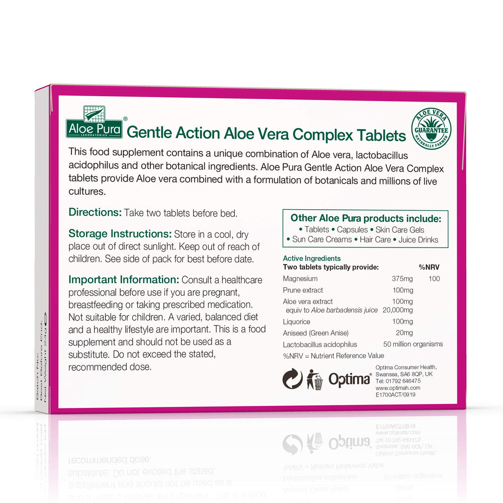 Aloe Pura Colax bottle close-up shows organic aloe and probiotic blend.
