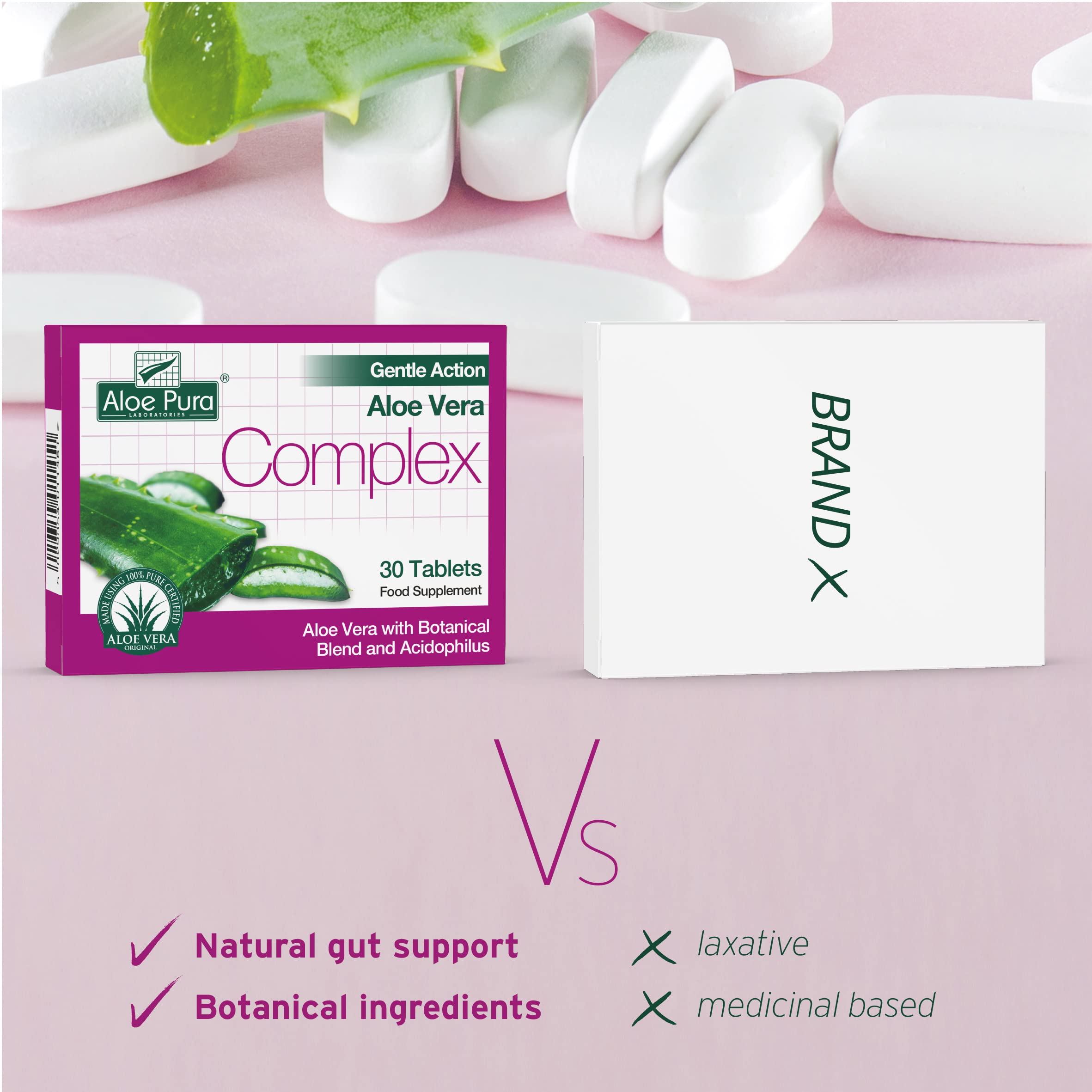 Aloe Pura Colax tablets with water shown for daily use.