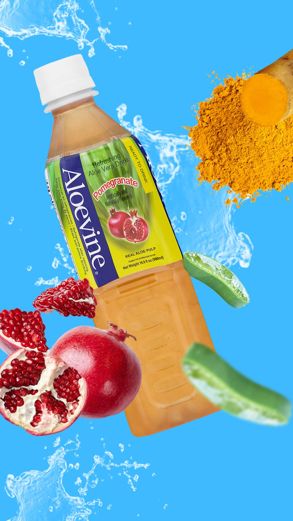 Aloevine Pomegranate Aloe Vera Drink pack shot highlighting 20-bottle supply