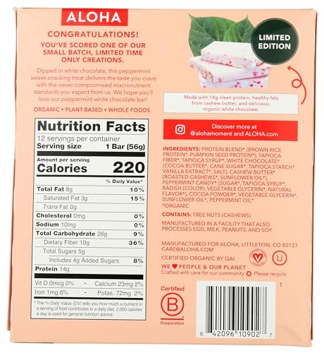 ALOHA Chocolate White Peppermint bar close-up shows creamy texture and peppermint kick.