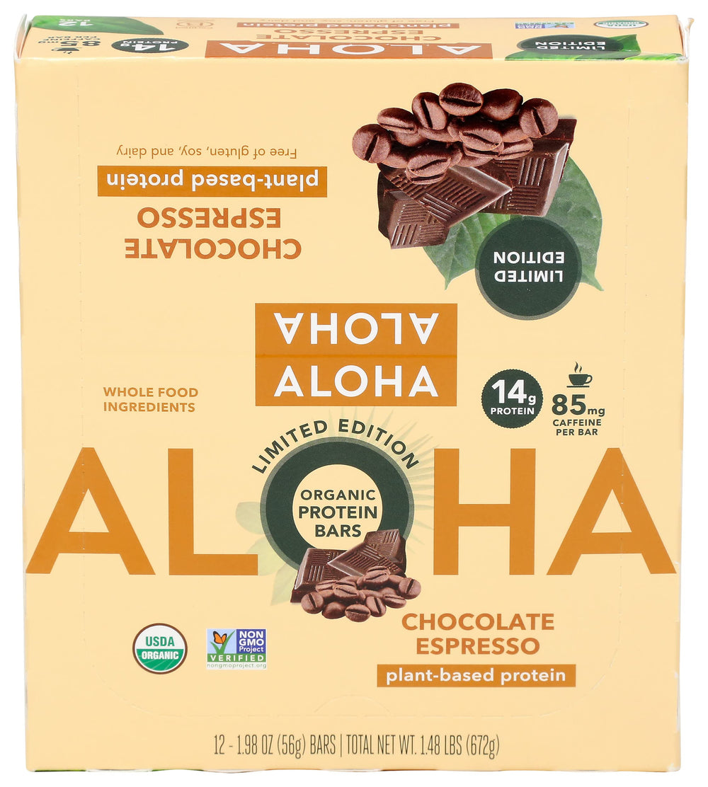 ALOHA chocolate espresso bar ingredients, featuring organic, gluten-free, non-GMO components.