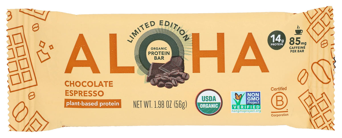 ALOHA chocolate espresso bar pack, on-the-go energy from plant-based protein.