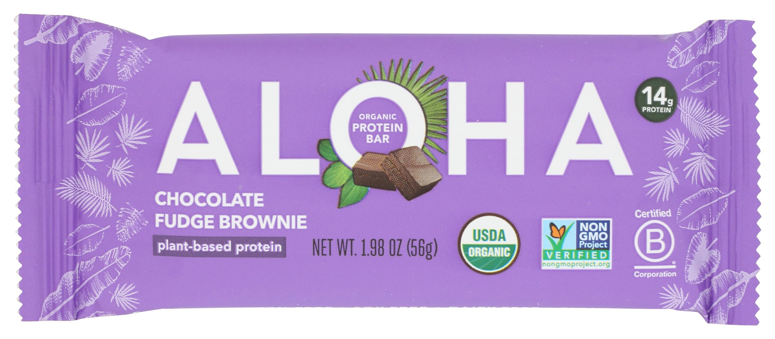 ALOHA chocolate fudge brownie protein bar front view, a convenient plant-based snack