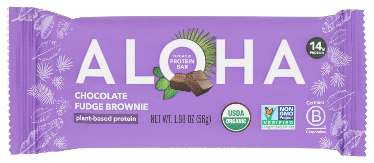ALOHA chocolate fudge brownie protein bar front view, a convenient plant-based snack