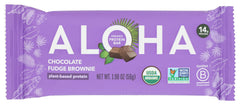 ALOHA chocolate fudge brownie protein bar front view, a convenient plant-based snack