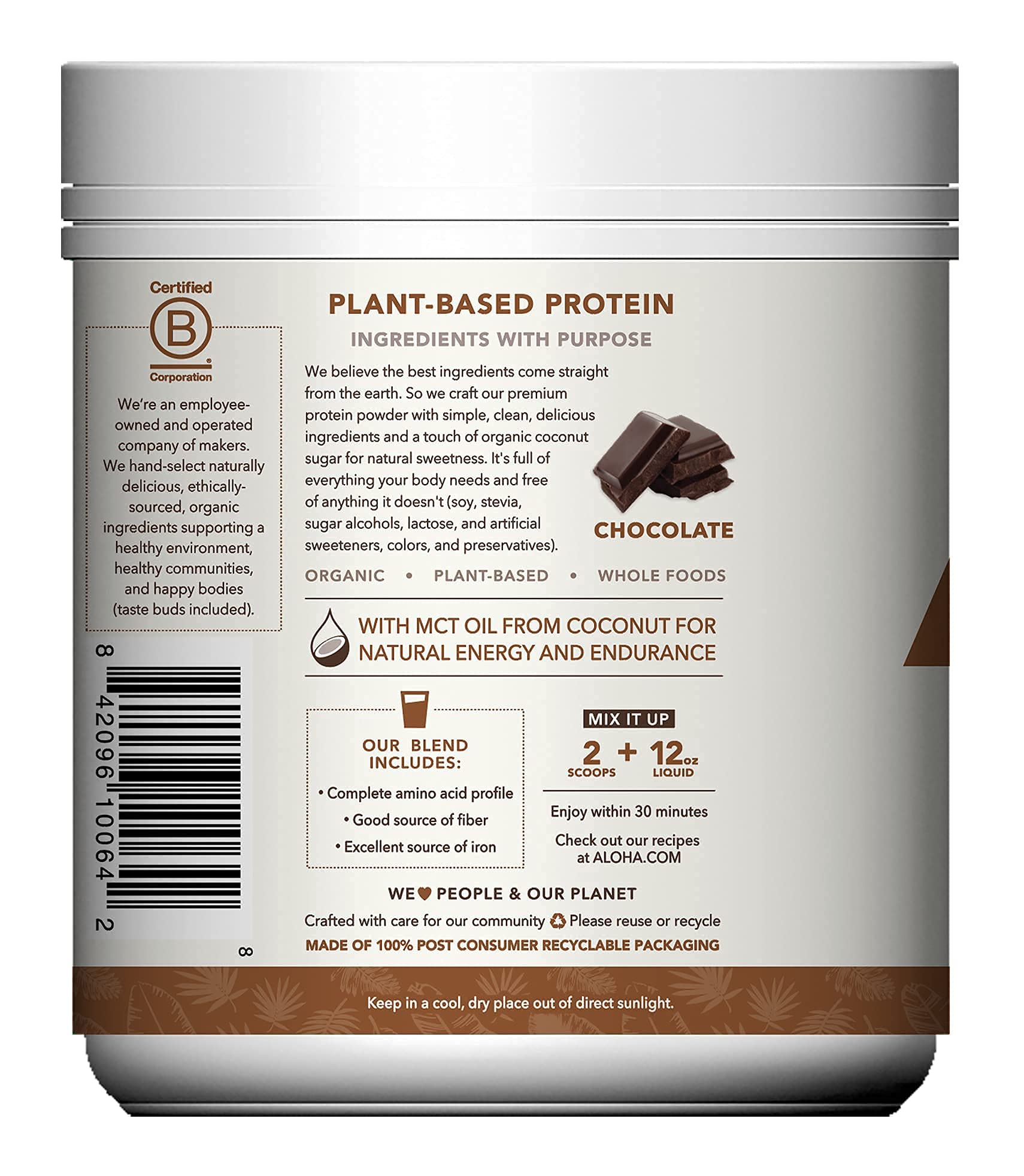 ALOHA chocolate protein powder ingredients displayed near label for clean nutrition.
