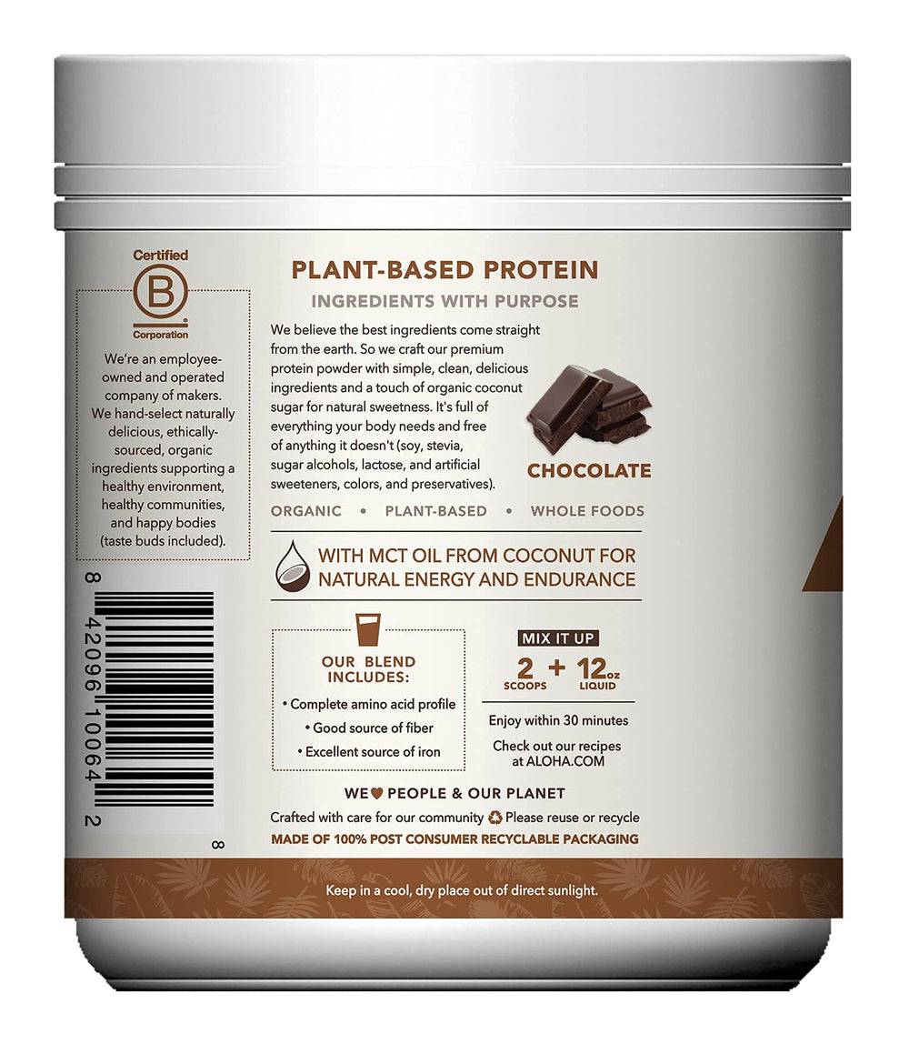ALOHA chocolate protein powder ingredients displayed near label for clean nutrition.