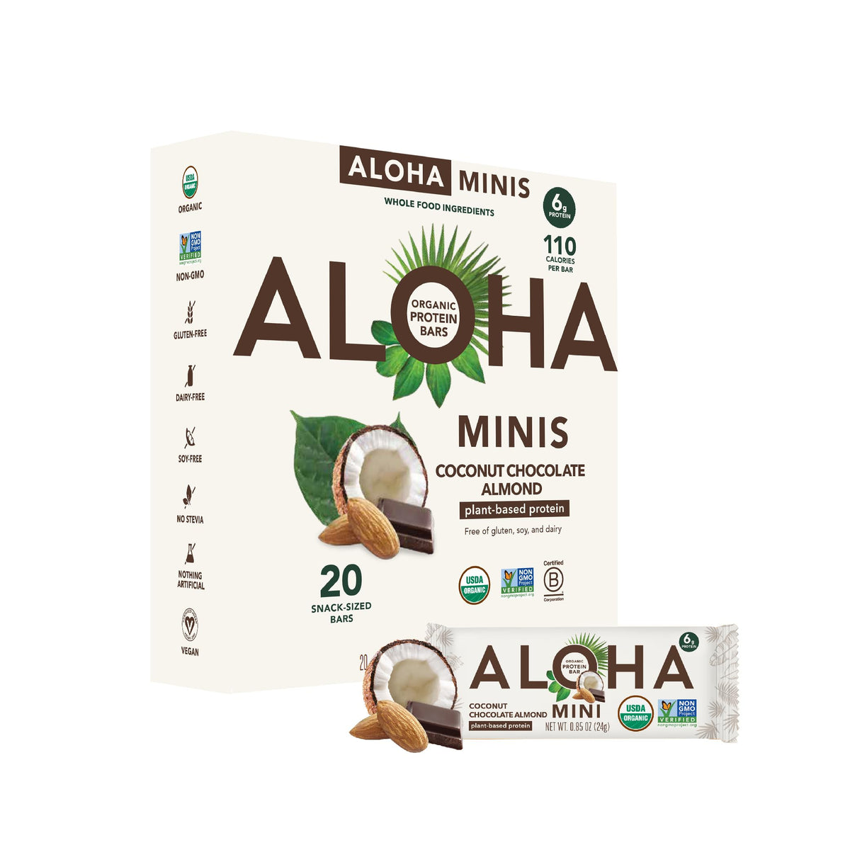 ALOHA Minis Coconut Chocolate Almond bar pack, convenient vegan snack.