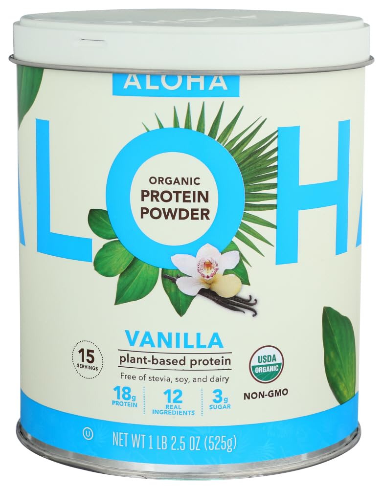 ALOHA vanilla protein bottle showing organic plant-based formula for daily protein support