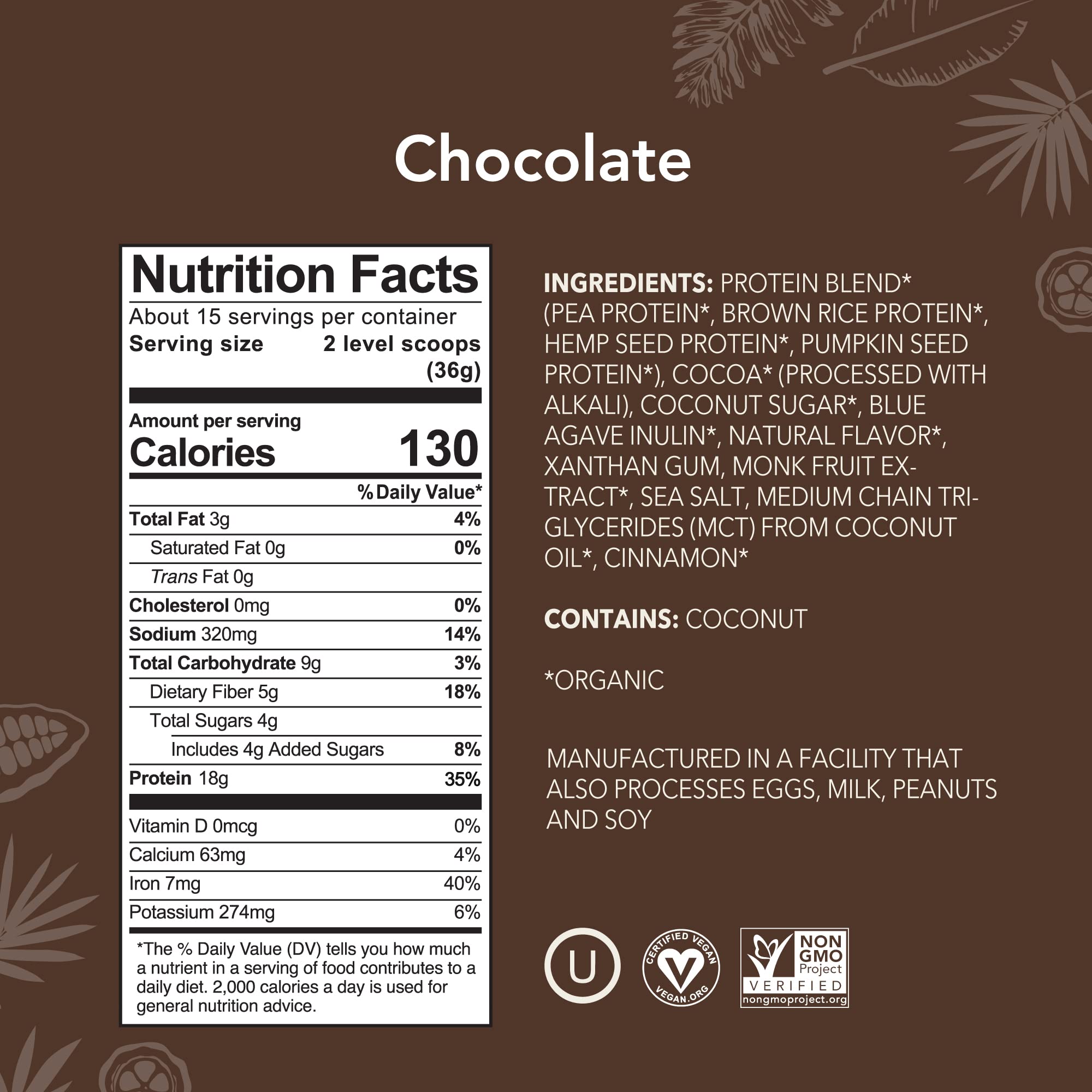 ALOHA Organic Protein Powder chocolate tin back with nutrition panel and fiber highlight.