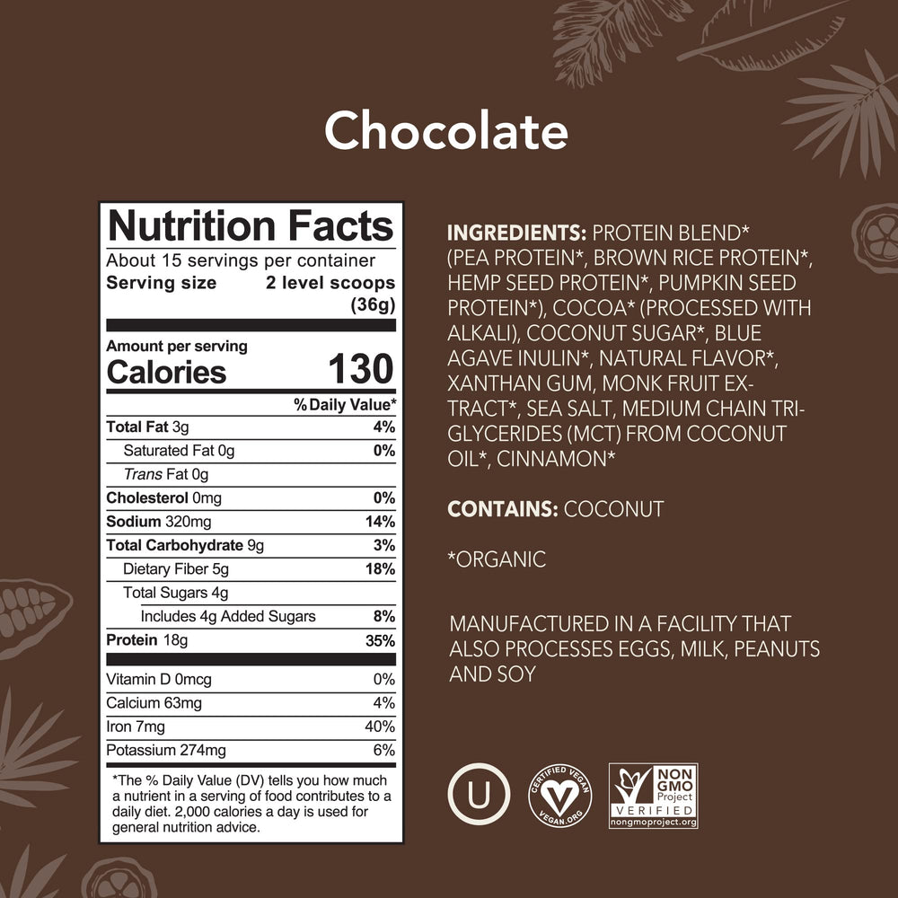 ALOHA Organic Protein Powder chocolate tin back with nutrition panel and fiber highlight.